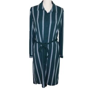 LuLaRoe Green and White Striped Ellie Button Up Roll Tab Sleeve Shirt Dress M